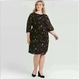 Ava & Viv Women 3/4 Sheer Sleeve Black Midi Dress Beige Floral Print Plus Sz 1X